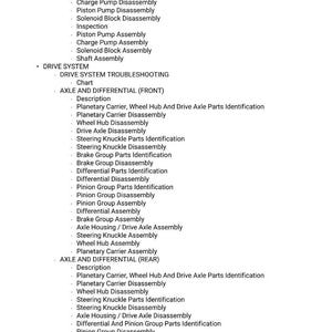 Puede incluir: Una lista detallada de procedimientos de reparaci&oacute;n automotriz, que incluye el mantenimiento de la bomba hidrost&aacute;tica, la soluci&oacute;n de problemas del sistema de transmisi&oacute;n y el trabajo en ejes y diferenciales. El texto est&aacute; organizado con vi&ntilde;etas y subt&iacute;tulos.