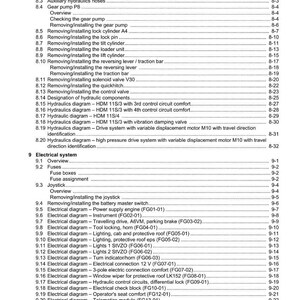 May include: A detailed table of contents from a Weidemann manual, featuring sections on work hydraulics and electrical systems. The document includes diagrams, overviews, and instructions for various components.