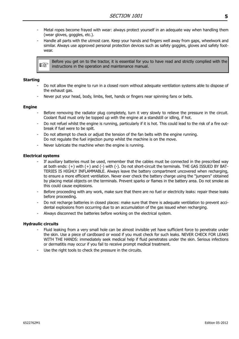 May include: A page from a manual with the title "SECTION 1001" and safety instructions for machinery. The text includes warnings about handling metal ropes, starting the engine, and electrical and hydraulic systems. Edition 05-2012.