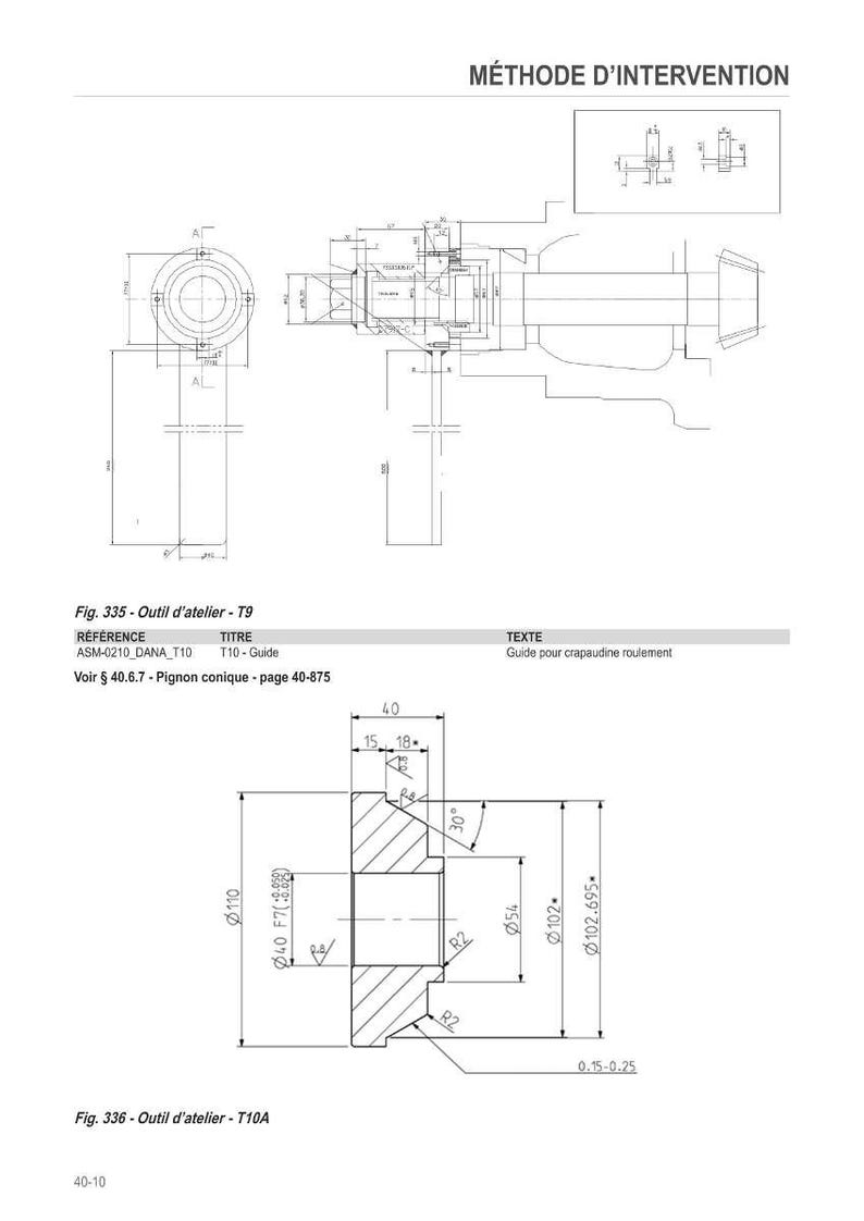 May include: Technical drawing of mechanical components, including a gear with dimensions in millimeters. The diagram includes detailed views, labels, and measurements, with text in French. The drawing is labeled "M&eacute;thode d'Intervention".