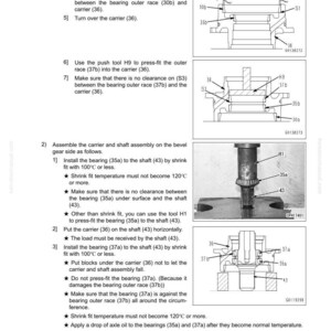 Puede incluir: Diagrama t&eacute;cnico de un manual que muestra el desmontaje y montaje de un tren de potencia. La imagen incluye ilustraciones detalladas de componentes como rodamientos, ejes y soportes, con etiquetas e instrucciones.