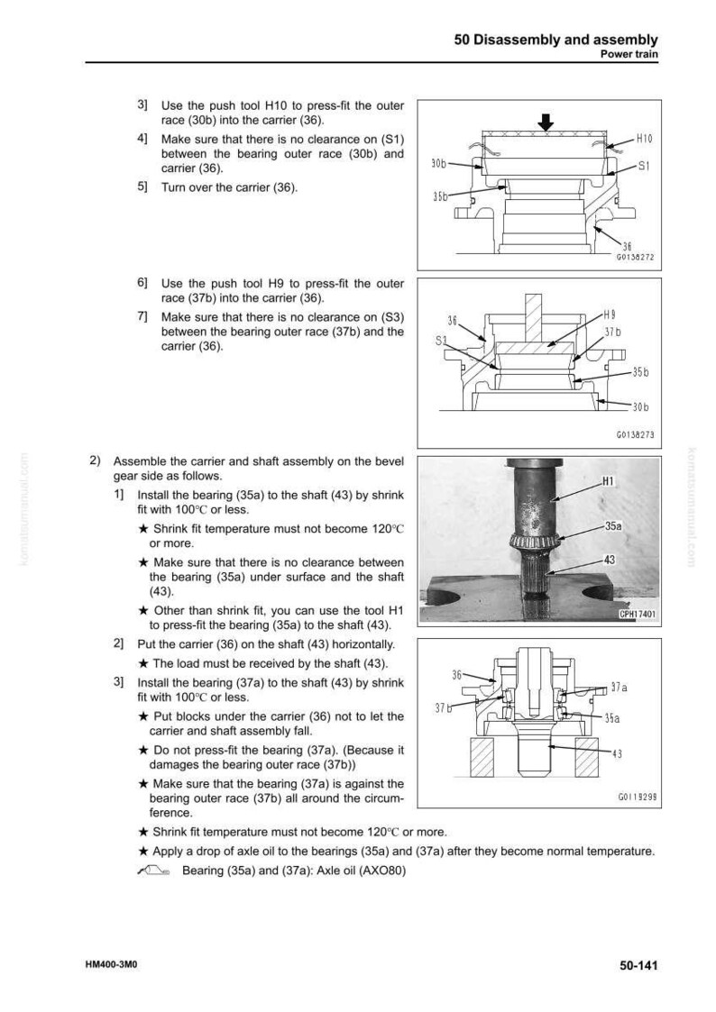 Puede incluir: Diagrama t&eacute;cnico de un manual que muestra el desmontaje y montaje de un tren de potencia. La imagen incluye ilustraciones detalladas de componentes como rodamientos, ejes y soportes, con etiquetas e instrucciones.