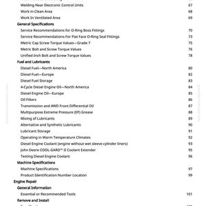 May include: A white page from a manual with a list of topics and page numbers. Topics include "Use Proper Lifting Equipment", "Diesel Fuel", and "Machine Specifications". The page has a greenfamumanuals.com watermark.