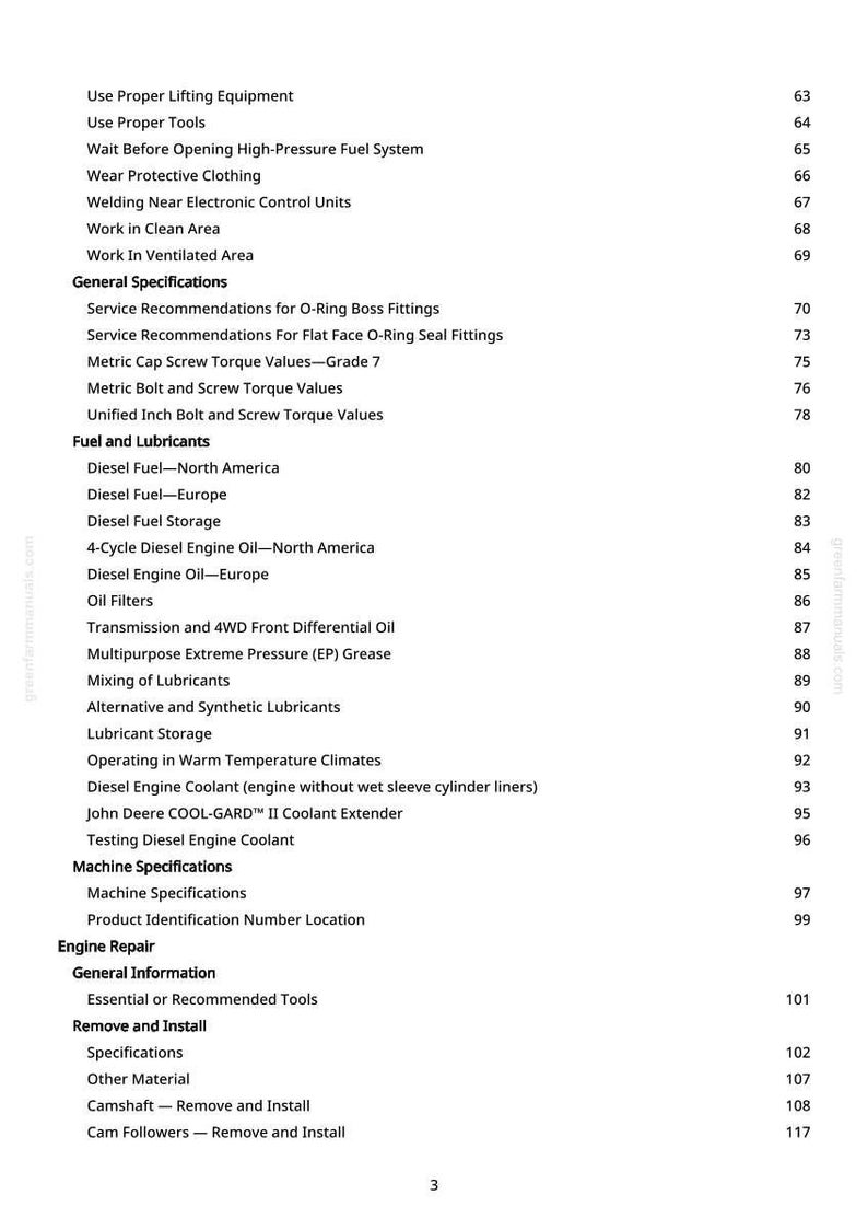 May include: A white page from a manual with a list of topics and page numbers. Topics include "Use Proper Lifting Equipment", "Diesel Fuel", and "Machine Specifications". The page has a greenfamumanuals.com watermark.