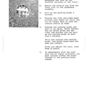May include: A black and white image of a page from a manual detailing the brake system of a vehicle. The text describes how to adjust the parking brake, including steps for tensioning cables and checking brake drum contact.