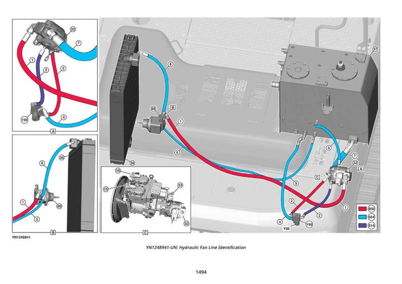 Puede incluir: Diagrama de identificaci&oacute;n de la l&iacute;nea del ventilador hidr&aacute;ulico, con l&iacute;neas rojas y azules que conectan varios componentes. La imagen incluye un radiador, una bomba y un dep&oacute;sito, con etiquetas y anotaciones. El texto "YN1248941-UN: Hydraulic Fan Line Identification" est&aacute; presente.