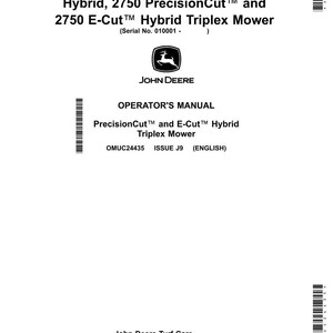 Pu&ograve; includere: Un manuale dell'operatore bianco per un tosaerba John Deere Triplex. Il manuale include il testo "2700 PrecisionCut, 2700 E-Cut Hybrid, 2750 PrecisionCut e 2750 E-Cut Hybrid Triplex Mower." Il logo John Deere &egrave; visibile.