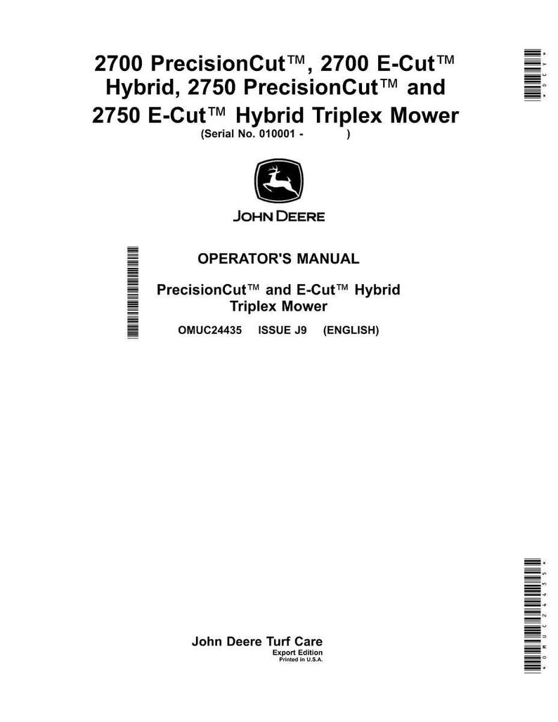 Pu&ograve; includere: Un manuale dell'operatore bianco per un tosaerba John Deere Triplex. Il manuale include il testo "2700 PrecisionCut, 2700 E-Cut Hybrid, 2750 PrecisionCut e 2750 E-Cut Hybrid Triplex Mower." Il logo John Deere &egrave; visibile.