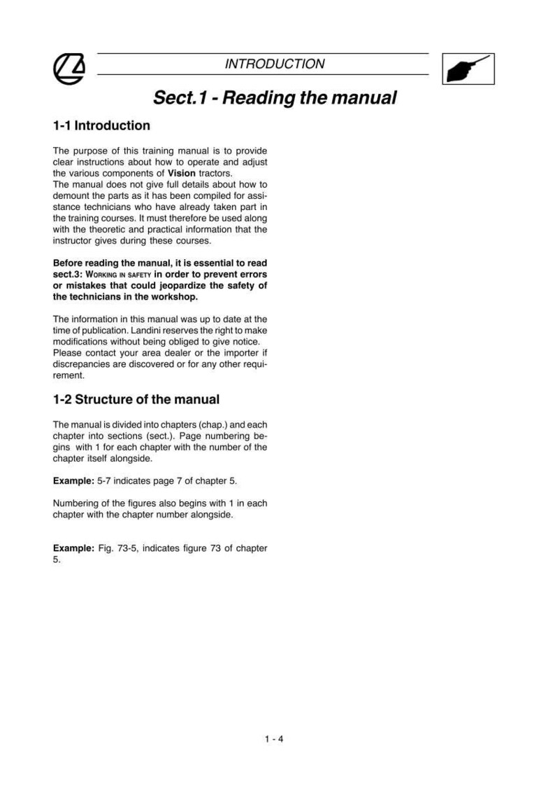 May include: A white training manual page with the title "Introduction" and "Sect. 1 - Reading the manual." The text describes the manual's purpose, structure, and safety instructions for Vision tractors.