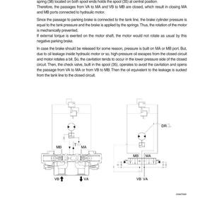 May include: Diagram of a hydraulic system with text describing its operation. The diagram includes labeled components such as MA, MB, VA, and VB ports, along with a check valve and spring. The text explains the function of the system.