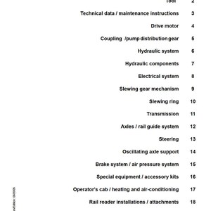 Pu&ograve; includere: Una pagina bianca di Servicemanual con un sommario. Il documento elenca sezioni tra cui Generale, Strumento, Motore di azionamento, Sistema idraulico e altro. Il logo Liebherr &egrave; in basso.