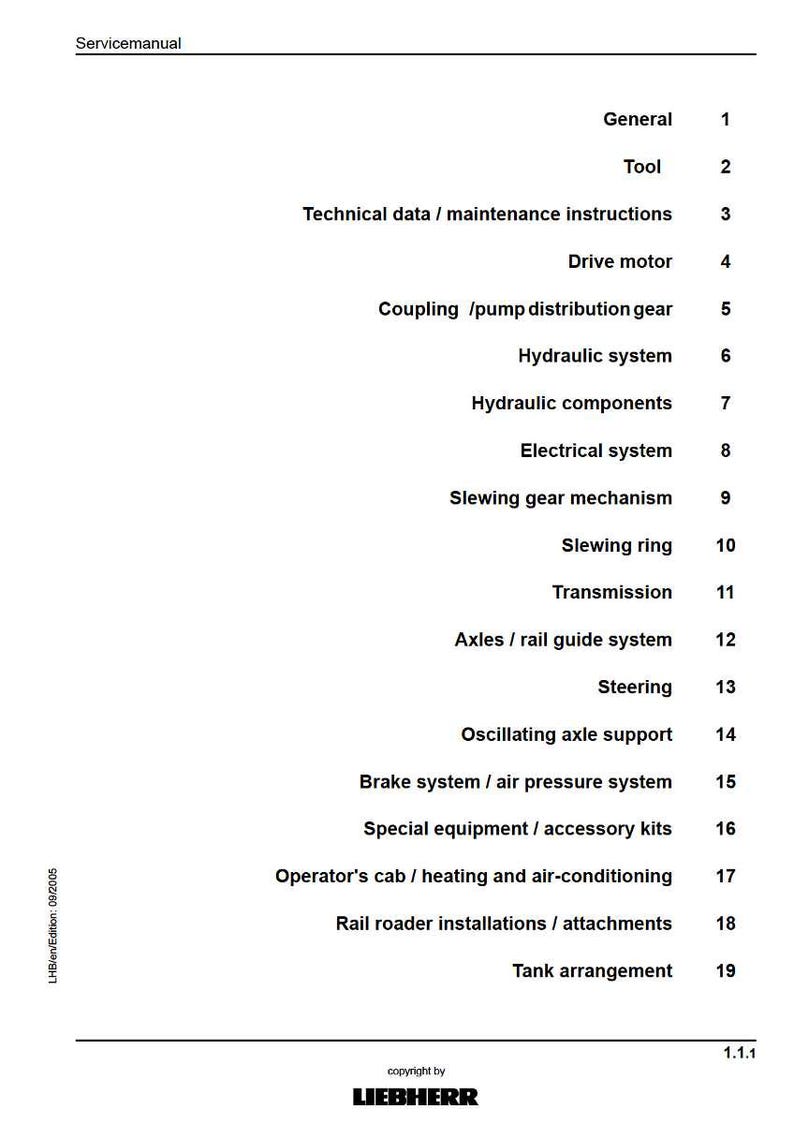 Pu&ograve; includere: Una pagina bianca di Servicemanual con un sommario. Il documento elenca sezioni tra cui Generale, Strumento, Motore di azionamento, Sistema idraulico e altro. Il logo Liebherr &egrave; in basso.