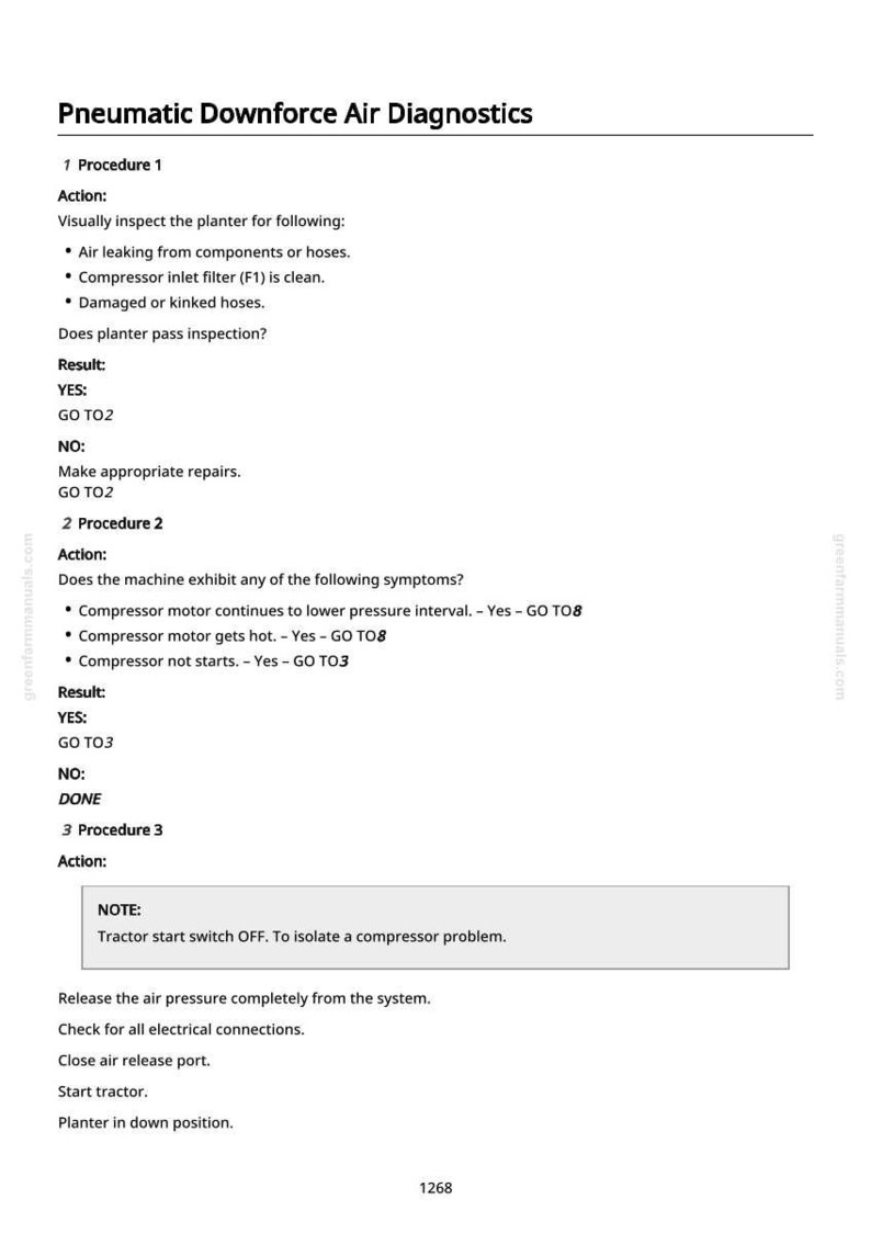 May include: A page from a manual titled "Pneumatic Downforce Air Diagnostics." The text details procedures for inspecting and troubleshooting a planter, including checking for leaks, filter cleanliness, and hose damage. The manual includes troubleshooting steps.