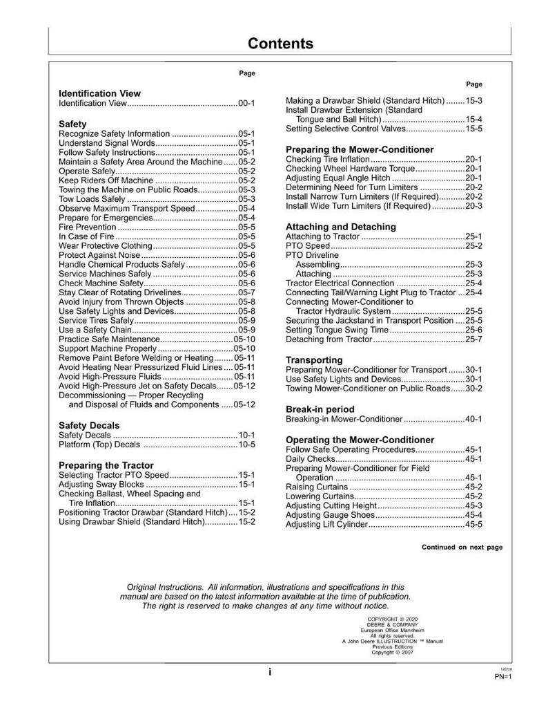 Op de afbeelding: Een pagina uit een handleiding met de titel "Inhoud" met een inhoudsopgave. De tabel bevat veiligheidsinformatie, bedieningsprocedures en onderhoudsinstructies voor een tractor en maaier-conditioner.