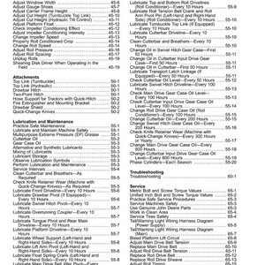 May include: A detailed table of contents from a manual, listing maintenance and service procedures for agricultural machinery. Includes sections on lubrication, troubleshooting, and adjustments, with page numbers for easy reference.