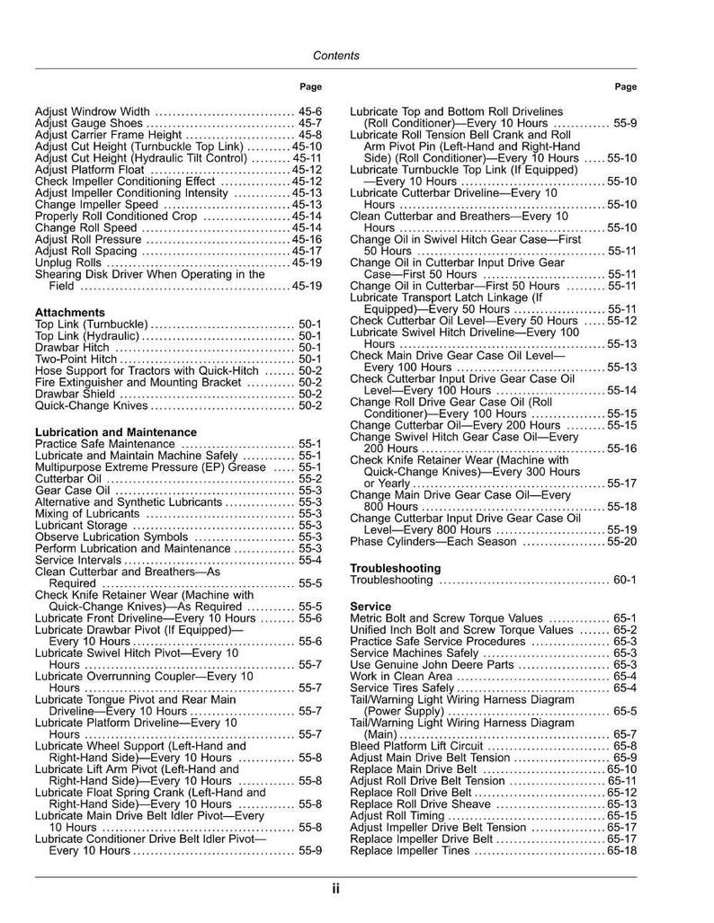 May include: A detailed table of contents from a manual, listing maintenance and service procedures for agricultural machinery. Includes sections on lubrication, troubleshooting, and adjustments, with page numbers for easy reference.