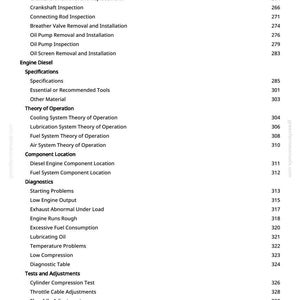 May include: A white page from a manual with a list of engine diesel topics and page numbers. Topics include Cylinder Bore Honing, Crankshaft Inspection, and Fuel System Component Location. The website greenfarmmanuals.com is visible.