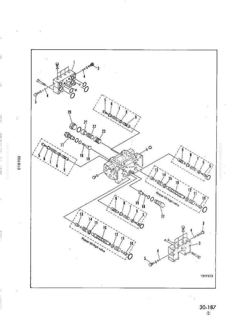 May include: Detailed technical diagram of hydraulic components, including valves, springs, and fittings. The diagram is labeled with numbers and includes the text "Ripper tilt high valve".
