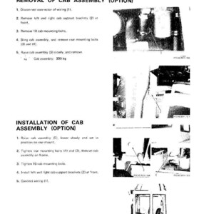 Puede incluir: Diagrama t&eacute;cnico que detalla la extracci&oacute;n e instalaci&oacute;n de un conjunto de cabina. El texto incluye instrucciones para desconectar el cableado, quitar soportes y pernos, y el peso del conjunto de la cabina de 330 kg.