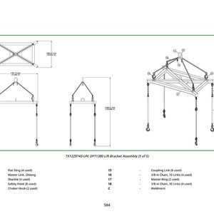 May include: Technical drawing of a lift bracket assembly, featuring multiple views and detailed diagrams. Includes dimensions and labels for components like flat slings, master links, and safety hooks. Text reads: TX1229743-UN: DFT1380 Lift Bracket Assembly (5 of 5).