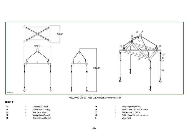 May include: Technical drawing of a lift bracket assembly, featuring multiple views and detailed diagrams. Includes dimensions and labels for components like flat slings, master links, and safety hooks. Text reads: TX1229743-UN: DFT1380 Lift Bracket Assembly (5 of 5).