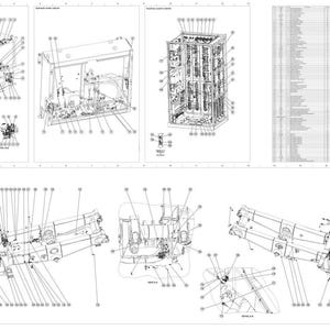 May include: Detailed technical drawings of mechanical components, including various views and exploded diagrams. The illustrations are in black and white, with numerous labels and callouts pointing to specific parts. The drawings appear to be for engineering or manufacturing purposes.