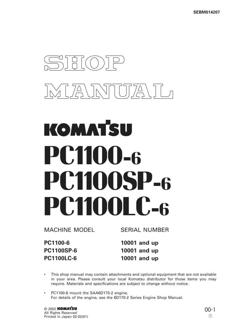 May include: A white shop manual with the text "SHOP MANUAL" at the top. The Komatsu logo is above the model numbers PC1100-6, PC1100SP-6, and PC1100LC-6. The manual includes machine model and serial number information.