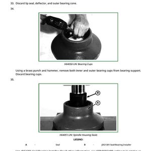 May include: Image shows automotive repair tools and components. The top image displays a bearing cup being worked on. The bottom image shows a spindle housing with seals. Text includes part numbers and instructions for removing and installing parts.