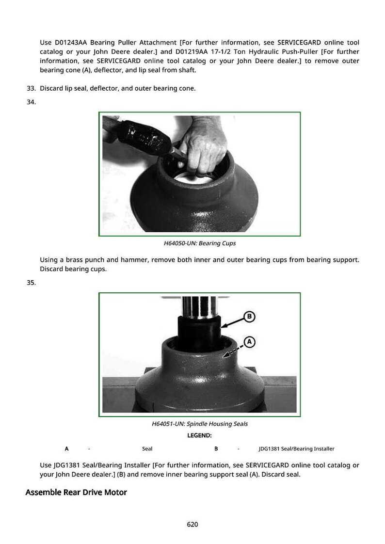 May include: Image shows automotive repair tools and components. The top image displays a bearing cup being worked on. The bottom image shows a spindle housing with seals. Text includes part numbers and instructions for removing and installing parts.