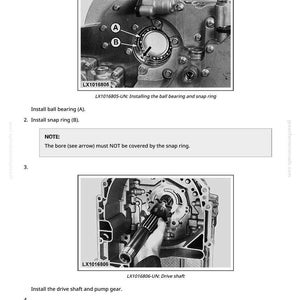May include: Black and white technical diagram illustrating the installation of a transmission oil pump. The image includes close-ups of components like ball bearings, snap rings, and a drive shaft, with labels and instructions.