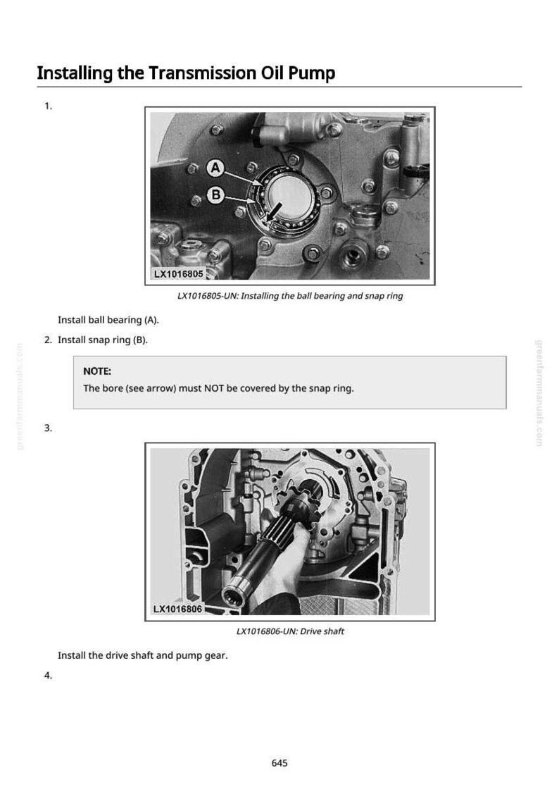May include: Black and white technical diagram illustrating the installation of a transmission oil pump. The image includes close-ups of components like ball bearings, snap rings, and a drive shaft, with labels and instructions.
