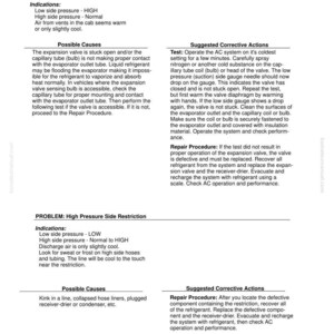 May include: A detailed technical diagram for an air conditioning system, featuring troubleshooting steps for expansion valve issues and high-pressure restrictions. Includes text, diagrams, and repair procedures for HFC 134a refrigerant systems.