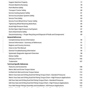May include: A white page with a detailed table of contents for a manual. The text includes safety practices, general references, and technical specifications. Page numbers are listed on the right side.