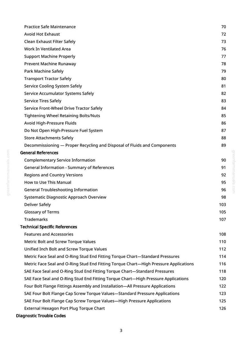 May include: A white page with a detailed table of contents for a manual. The text includes safety practices, general references, and technical specifications. Page numbers are listed on the right side.