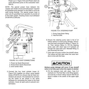 May include: Diagram of hydraulic system components with labels and instructions. Includes figures of a steering pump and hoist connections, with text detailing procedures and warnings. The image is a technical illustration.