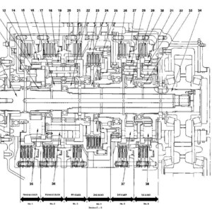 May include: Detailed technical diagram of a transmission system, labeled with numbers and lines. The diagram is in black and white, showing the internal components and their arrangement. Text at the top reads "FOLDOUT NO. 1 TRANSMISSION".