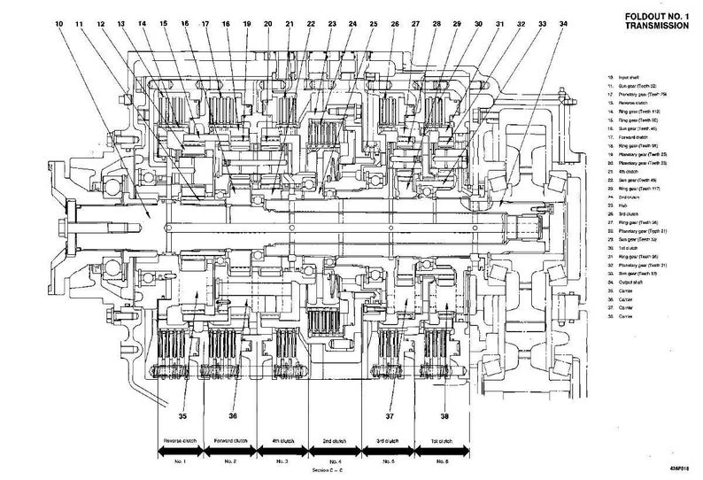 May include: Detailed technical diagram of a transmission system, labeled with numbers and lines. The diagram is in black and white, showing the internal components and their arrangement. Text at the top reads "FOLDOUT NO. 1 TRANSMISSION".