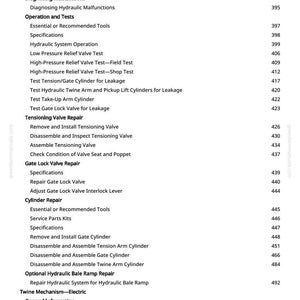 Puede incluir: Una p&aacute;gina blanca con un &iacute;ndice detallado de un manual. El texto incluye secciones sobre sistemas hidr&aacute;ulicos, reparaci&oacute;n de v&aacute;lvulas y cilindros, con n&uacute;meros de p&aacute;gina.