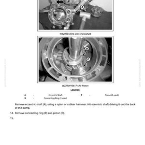 May include: Black and white diagram of a mechanical component, likely for a pump or engine. The image includes detailed views of the crankshaft and piston, with labels and a legend for specific parts. Text instructions are also included.