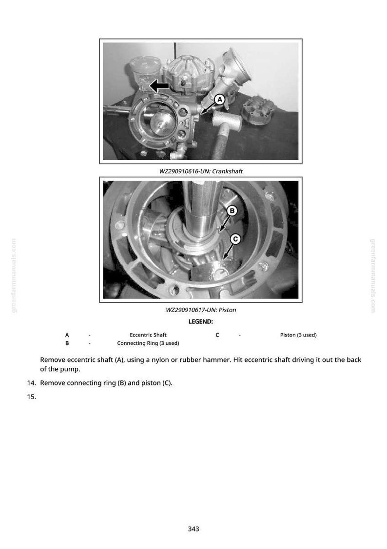 May include: Black and white diagram of a mechanical component, likely for a pump or engine. The image includes detailed views of the crankshaft and piston, with labels and a legend for specific parts. Text instructions are also included.