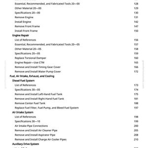May include: A page from a manual with a table of contents. The text includes sections on engine repair, diesel fuel systems, and air intake systems. The page numbers are visible on the right side.