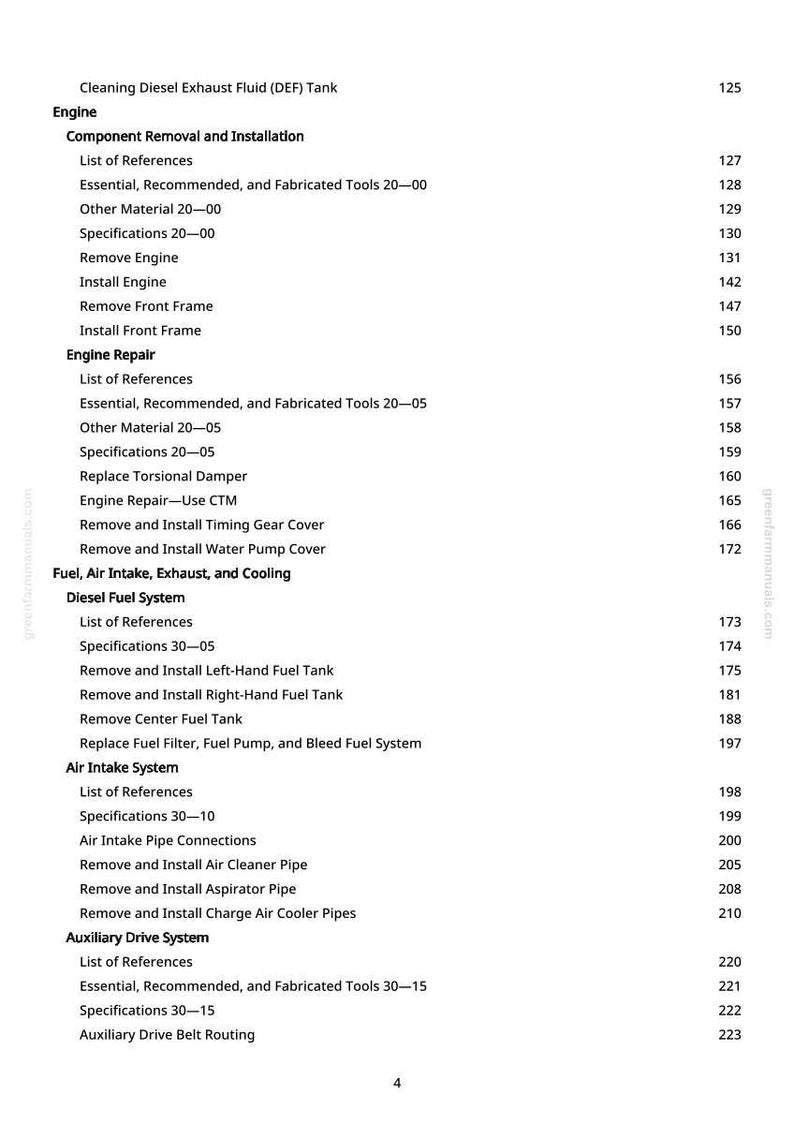 May include: A page from a manual with a table of contents. The text includes sections on engine repair, diesel fuel systems, and air intake systems. The page numbers are visible on the right side.