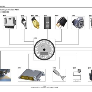 Peut inclure: Sch&eacute;ma des composants &eacute;lectriques pour l'instrument P014, comprenant une jauge, des interrupteurs et divers capteurs. Le sch&eacute;ma comprend des &eacute;tiquettes textuelles et des lignes de connexion, avec le texte "9 Electrics" et "Inputs for indicating instrument P014".
