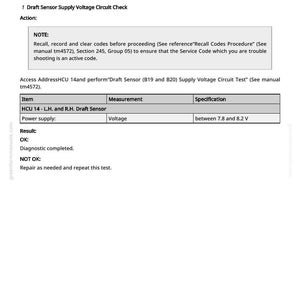 May include: A white page with black text detailing a diagnostic procedure for a draft sensor. The text includes instructions, specifications, and a voltage range between 7.8 and 8.2 V. The document is from greenfarmmanuals.com.