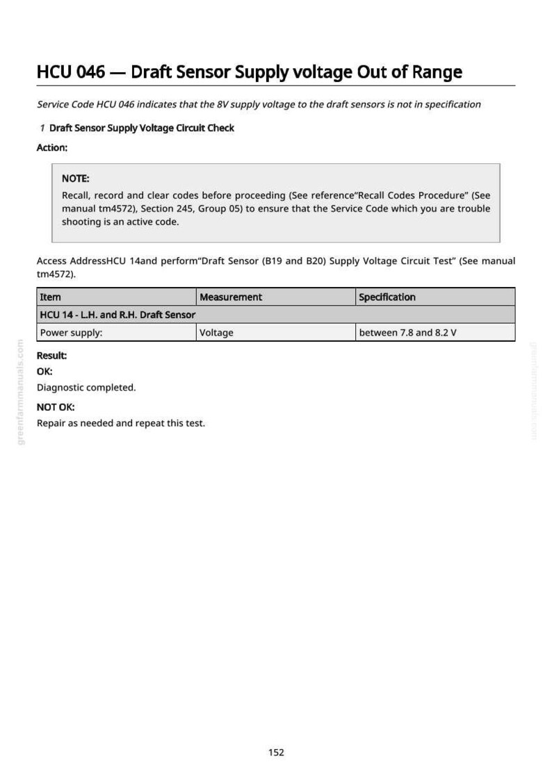 May include: A white page with black text detailing a diagnostic procedure for a draft sensor. The text includes instructions, specifications, and a voltage range between 7.8 and 8.2 V. The document is from greenfarmmanuals.com.
