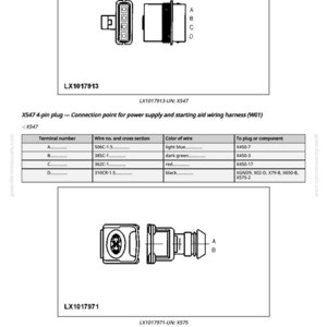 May include: Diagram of automotive electrical connectors, including a 4-pin plug (X547) and a 2-pin plug (X575). The X547 plug is for power supply and starting aid wiring. The X575 plug is for the fuel pump.