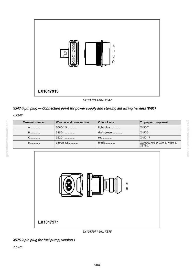 May include: Diagram of automotive electrical connectors, including a 4-pin plug (X547) and a 2-pin plug (X575). The X547 plug is for power supply and starting aid wiring. The X575 plug is for the fuel pump.