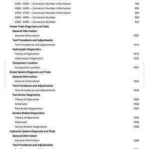 May include: A page from a manual with a white background, featuring a table of contents with various sections like "Connector Information" and "Power Train Diagnosis and Tests." The text is black.