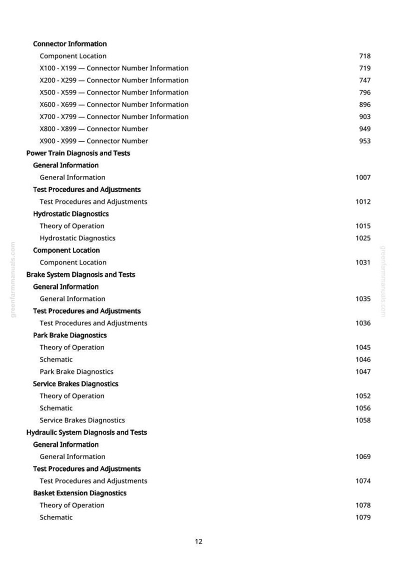 May include: A page from a manual with a white background, featuring a table of contents with various sections like "Connector Information" and "Power Train Diagnosis and Tests." The text is black.