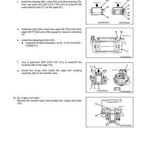 Pu&ograve; includere: Diagrammi e istruzioni tecniche per lo smontaggio e il montaggio di un componente meccanico. Il testo fornisce i passaggi per l'installazione di cuscinetti, collari e o-ring, con misure in millimetri e pollici. I diagrammi mostrano viste in sezione trasversale.